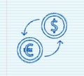 Money exchange icon. Banking currency sign. Euro and Dollar Cash transfer sketch symbol. Vector illustration Royalty Free Stock Photo