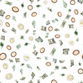 Money falling seamless pattern background. American, Euro Banknote cash. Bitcoin Cryptocurrency isolated on white Royalty Free Stock Photo