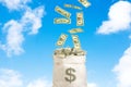 Money cash falling from the sky to the bag with dollars ,sky with clouds background,success concept Royalty Free Stock Photo