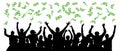 Money falls on crowd people. Cheerful people are happy luck. Dollar rain vector illustration. Reaching a team of people