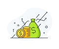 Money falls into the piggy bank. Way to success, exchange rate. Business concept. line icon illustration