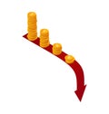 Money falls vector concept. Isometric stacks of coins on red arrow down. Financial crisis illustration