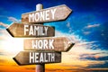 Money, family, work, health - wooden signpost, roadsign with four arrows