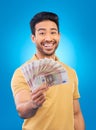 Money fan, portrait and man or winner with bonus offer, financial success and winning, finance loan or lottery. Asian Royalty Free Stock Photo
