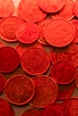 Money and finance.Euro cents coins close-up in red light. Euro currency inflation.Euro exchange rate in the European Royalty Free Stock Photo