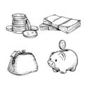 Money and finance sketch set. Stack of coins, wad of cash, vintage wallet and piggy bank with coin. Hand drawn vector illustration Royalty Free Stock Photo