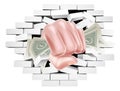 Money Fist Hand Holding Cash Punching Through Wall Royalty Free Stock Photo