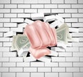 Money Fist Punching Through White Brick Wall
