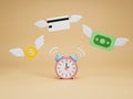 money flies away when wasting time. 3d rendering illustration