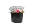 Money and flowers in black magic hat isolated on a white background Royalty Free Stock Photo