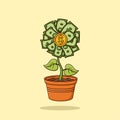 Money flowers grow in pots Cartoon Vector Illustration