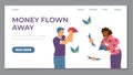 Money flown away website banner, personal budget failure. Young poor male and broke black woman stand with empty wallets