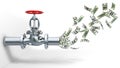 Money are flying out of a steel tap, pipeline concept, white background,