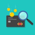 Money fraud verification vector icon, flat cartoon electronic money in debit card investigation via magnifier