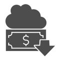 Money fund solid icon. Cloud, dollar with down arrow, withdraw all funds symbol, glyph style pictogram on white Royalty Free Stock Photo