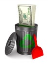 Money into garbage basket on white background. Isolated 3D illustration