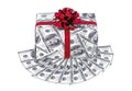 Money gift box with red ribbon and stack of dollars Royalty Free Stock Photo