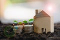 Money growing in soil with houses and plants are growing on coins. Two coins stacked on soil and tree on top for saving money,