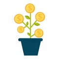 Money growth concept with dollar coins blooming on plant. Financial success and investment. Income increase, economic Royalty Free Stock Photo