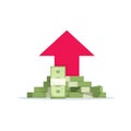 Money growth vector illustration, flat cartoon paper money pile with revenue graph, concept of income increase or