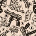 Money and guns vintage seamless pattern
