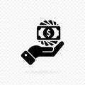 Money in hand, banknote or dollar bill icon logo in black. Finance icon in black. Business icon. Money sign. Invest finance.