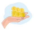 Money on hand coins cents dollar on outstretched hand vector illustration