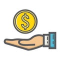 Money in hand filled outline icon, business