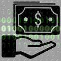 Money in hand icon on the background of the binary code. Royalty Free Stock Photo