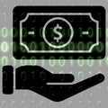Money in hand icon on the background of the binary code. Royalty Free Stock Photo