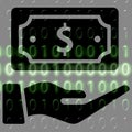 Money in hand icon on the background of the binary code. Royalty Free Stock Photo