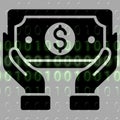 Money in hand icon on the background of the binary code. Royalty Free Stock Photo