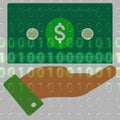 Money in hand icon on the background of the binary code. Royalty Free Stock Photo