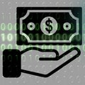 Money in hand icon on the background of the binary code. Royalty Free Stock Photo