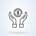 Money in hand sign line icon or logo. Save money or Salary money concept. Two hands holding dollar investment and financial