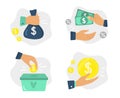 Money in hands. Finance investments, donate foundation and financial savings. Coins donations vector illustration set