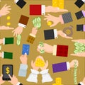 Money hands vector human businessman arm holding paper cash dollar stack to buy, bill pay or bank invest finance