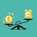 Money is harder than time on the scales. Balance money and time on a scale. Business concept. Vector illustration. Royalty Free Stock Photo