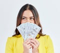 Money, hidden face or professional woman with cash dollar bills, competition award or giveaway. Studio winner, financial Royalty Free Stock Photo