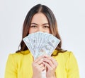 Money, hidden portrait and professional woman with cash dollar prize, finance competition win or giveaway. Studio winner