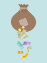 Money holey bag, thief stolen cash gold coin and dollars isolated on blue, flat vector illustration. Insure money Royalty Free Stock Photo