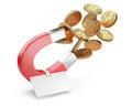 Money horseshoe magnet attracting gold dollar coins with tag.