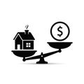 Money and house scales icon. Money and house balance on scale concept. Real estate sale. Vector isolated sign Royalty Free Stock Photo