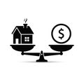 Money and house scales icon. Money and house balance on scale concept. Real estate sale. Vector isolated sign Royalty Free Stock Photo