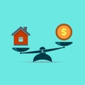 Money and house scales icon. Dollar coin and house balance on scale. Real estate sale. Weights with house and money coin.