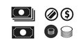 Money icon or coin dollar cash pictogram simple plain vector symbol line art outline style black and white illustration, metal and Royalty Free Stock Photo