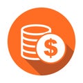 Money icon with shadow on orange round background. Coins vector