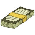 Money icon. Vector illustration of a pack of dollar bills. Hand drawn money in a bundle