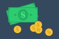 Money icons. Dollar stack paper banknotes and gold coins icon. Business finance concept