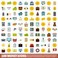 100 money icons set, flat style